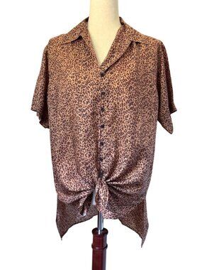 Bogari Studio 90s Silk Blouse Leopard Print Light Brown Oversized Sz Small